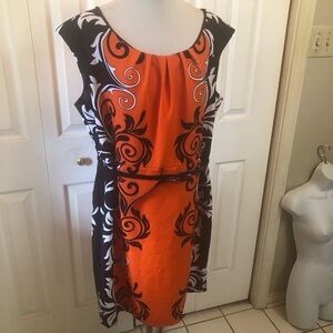 Sleeveless Orange & Black Patterned Midi Dress